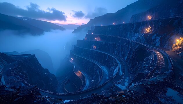Dramatic Serpentine Mountain Road Illuminated at Twilight, Winding Through Steep Cliffs and Shrouded in Deep Blue Fog and Mist.