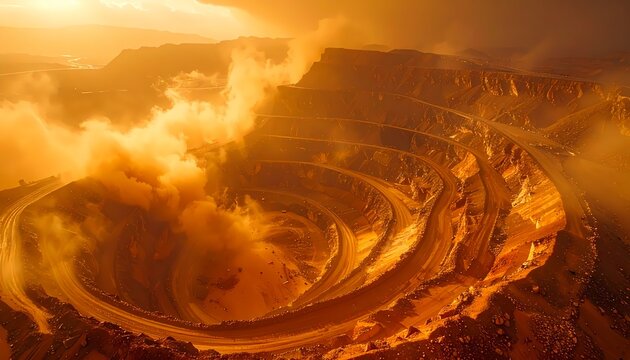 Spectacular Aerial View of a Massive Open-Pit Mine Bathed in Golden Light and Thick Dust Clouds, Illustrating Large-Scale Industrial Mining Operations and Resource Extraction.
