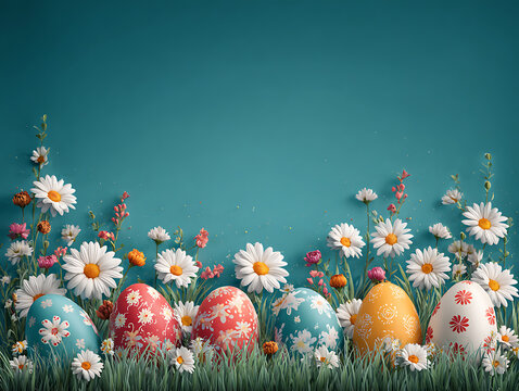 Row of Decorated Easter Eggs and White Daisies in Grass with Teal Copy Space for Text or Design

