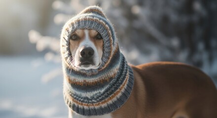 Naklejka premium Dog in a knitted hat, posing in a snowy, wintry environment with soft focus background