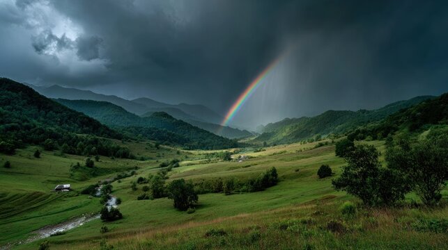 Lush green valley nestled between rolling hills under a dark storm cloud with a rainbow