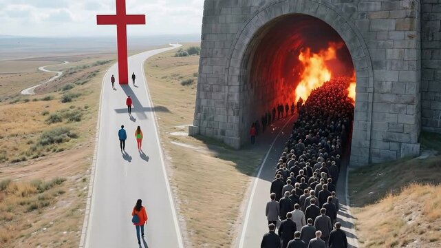 A symbolic view of a fork in the road where a large crowd enters a fiery tunnel while a few individuals choose the clear path leading to a red cross.