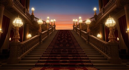 Grand staircase ascending to an open sky, illuminated by ornate lamps and warm tones