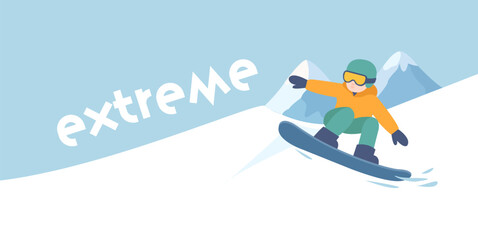 Snowboarder professionally performing tricks with a snowboard, mountains. Minimalistic flat illustration. Extreme winter sport, recreation, hobby. Vector illustration. © Yaroslav
