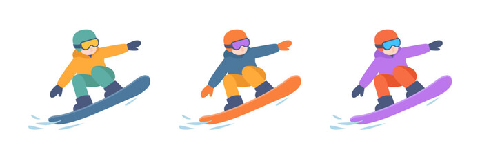 Set of minimalistic colored characters of snowboarders performing jumps. Extreme, hobby, recreation. Winter sport, freestyle. Vector illustration. © Yaroslav