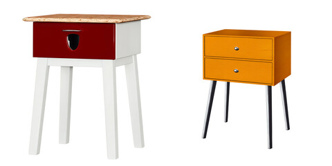 Two modern nightstands with unique designs are shown against a black background one red and white with a wooden top and the other orange with metal legs