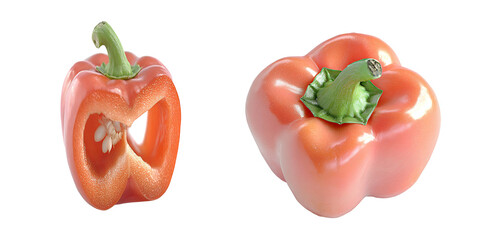 Two red bell peppers one whole and one halved against a black background