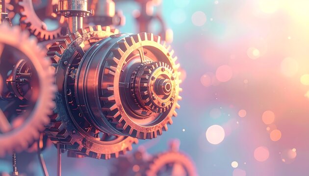 Close-up of metallic clockwork gears against a bokeh-filled backdrop. Warm lighting illuminates mechanical precision