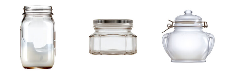 Three empty glass jars with lids on a black background for storing food or other items