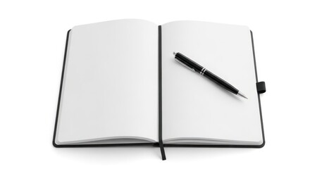 Open Notebook with Pen on White Background