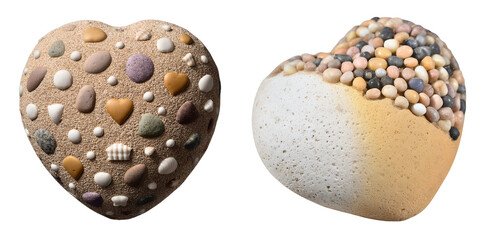 Two heart shaped stones decorated with small pebbles and shells on a black background