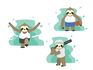 Obraz premium Sloth Sports Cartoon Character Marathon Baseball Basketball Front