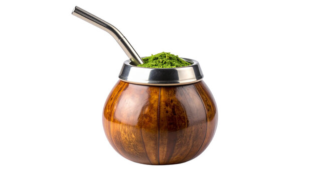 Traditional South American Yerba Mate tea in a wooden gourd (cuia) with a metal straw (bomba). Isolated hot beverage, a cultural symbol of friendship, with a transparent background.