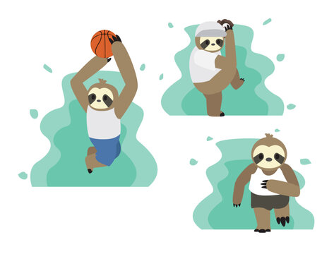 Sloth Sports Cartoon Character Marathon Baseball Basketball Jump
