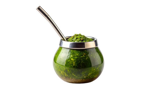 Traditional South American mate tea, known as chimarr&atilde;o, in a green glass gourd (cuia) with a metal straw (bombilla). Isolated object with a transparent background, perfect for cultural projects.