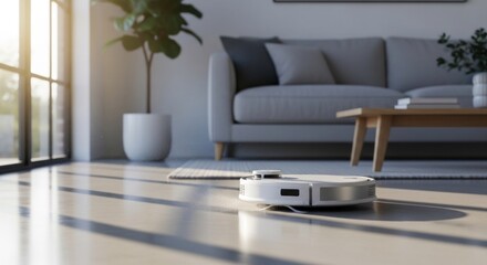 Robotic vacuum cleaner cleaning a sunlit living room with sofa, plants, and a coffee table