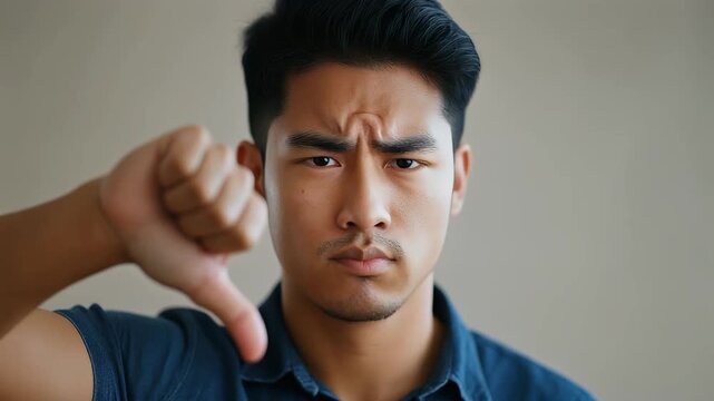 Man showing thumbs down gesture, expressing disapproval, disappointment, and negative feedback in a studio setting, close-up shot, realistic portrayal of frustration