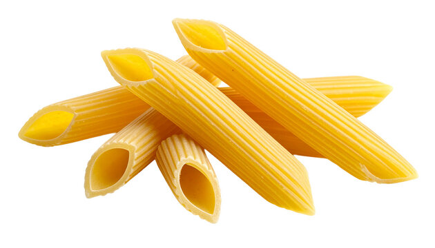 Close-up of a group of uncooked penne rigate pasta, a traditional Italian durum wheat semolina ingredient for cooking, perfectly isolated and ready for use on a transparent background.