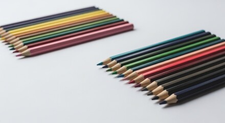 Fototapeta premium Two sets of vibrant colored pencils arranged diagonally on a clean, white surface