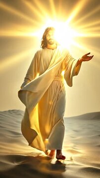 Vertical Video-Jesus Christ walking barefoot across the sands with a divine glowing halo