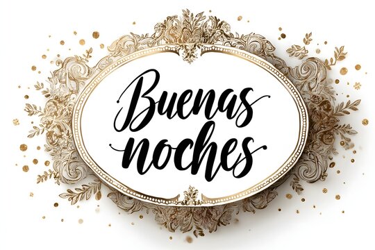 Elegant Gold Ornate Frame with Black Script Saying Buenas Noches on White Background