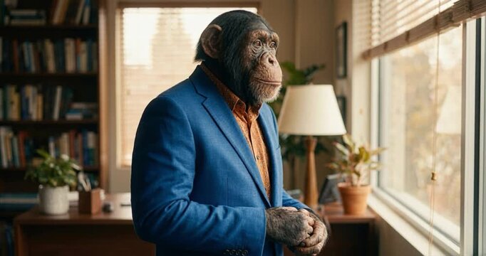 Anthropomorphic chimpanzee in business attire looking out window