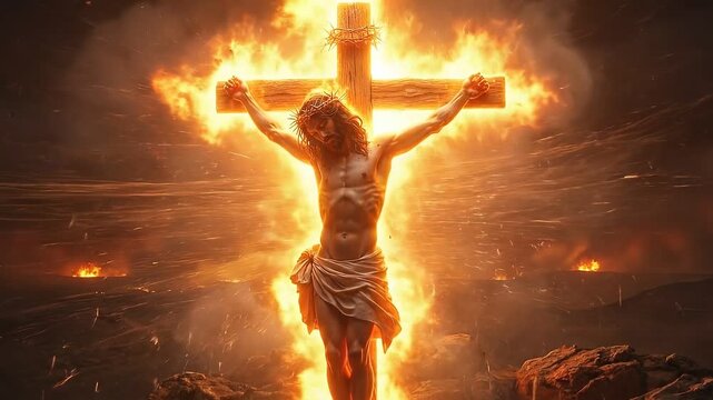 Jesus Christ crucified on the cross with a dramatic fiery glow on the wood, symbolizing the intensity of the sacrifice and redemption.