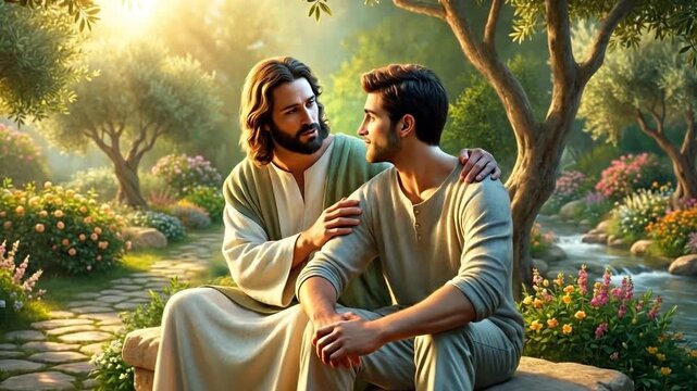 Jesus Christ sitting on a garden bench outdoors, offering spiritual counsel and comforting a young man in casual clothing.