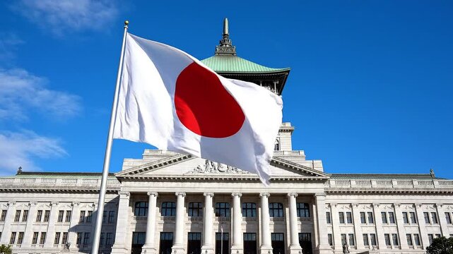 The Japanese flag flies high in front of the Diet Building in Tokyo, Japan, with a clear blue sky
