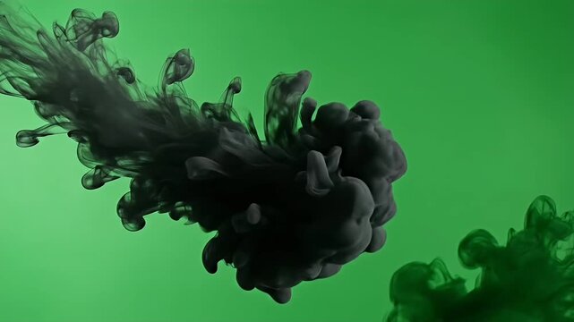 Black ink cloud swirling and dissolving in vibrant green liquid medium