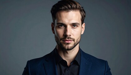 Obraz premium A handsome man in a navy suit and black shirt poses against a grey backdrop. He has short, styled brown hair and a beard