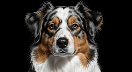 Striking Portrait of an Australian Shepherd with Intense Gaze on Black Background