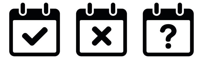Obraz premium Flat design calendar icon set featuring a checkmark, cross mark, and question mark for scheduling and task management