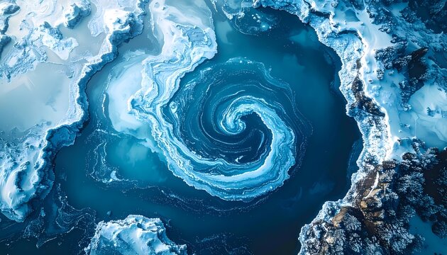 Dramatic Aerial View of a Deep Blue Frozen Lake with a Swirling Vortex Pattern. Abstract Winter Landscape and Cold Climate Concept.