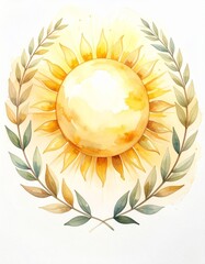 太陽と月桂冠の水彩イラスト 勝利と成功を象徴する背景
Watercolor sun with laurel wreath symbolizing victory and success