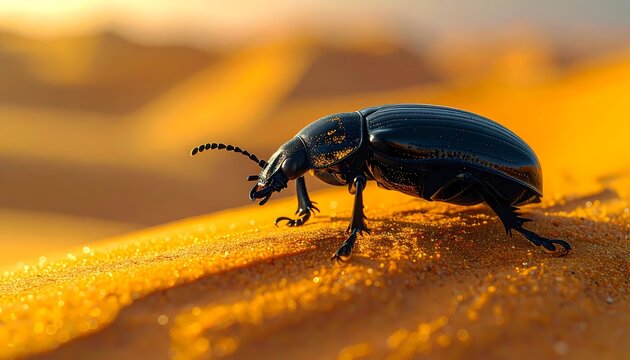 Macro Close-up of a Shiny Black Desert Beetle (Tenebrionidae) Crawling on Golden Sand Dunes at Sunset, Illustrating Wildlife Survival in Arid Environments.