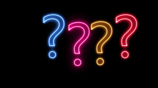 neon question marks animation overlay, sign of help, ask questions, solution, think, problem and idea