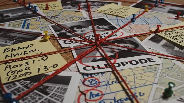 Crime Investigation Board Macro Shot Loopable Footage Featuring Maps Photos Notes and Red String Crime Investigation