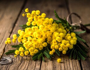 Vibrant yellow mimosa blossoms atop weathered wooden planks, tied with brown twine for a rustic, natural aesthetic