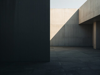 Obraz premium Minimalist modern concrete architecture with geometric walls and natural light, creating a calm, spacious, and contemporary urban environment. 