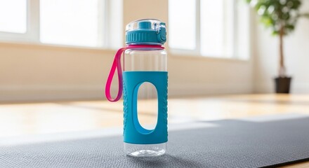 Vibrant Blue and Pink Water Bottle on Yoga Mat in Bright Studio Setting