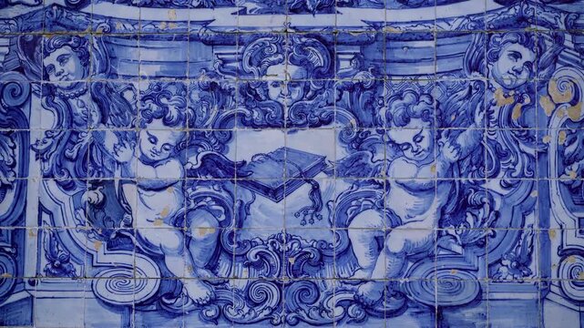 Detailed view of blue and white azulejo tiles with cherub motifs.