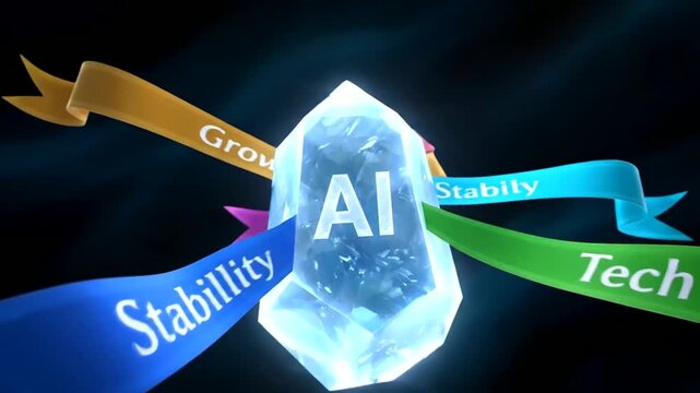 Futuristic AI financial advisor demonstrating core values like stability, growth, and technology through glowing crystal.