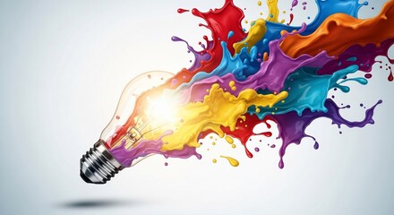 Vibrant Idea: Light Bulb Bursting with Colorful Paint Splashes on White Background