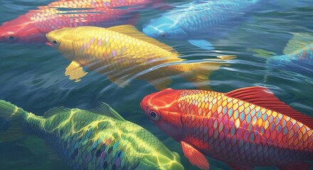 Vibrant Koi School: Colorful Fish Swimming in Shimmering Water, Artistic Illustration