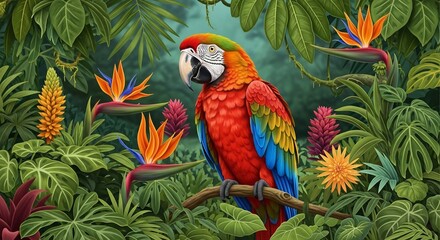 Vibrant Macaw Portrait Amidst Lush Tropical Foliage and Exotic Blooms