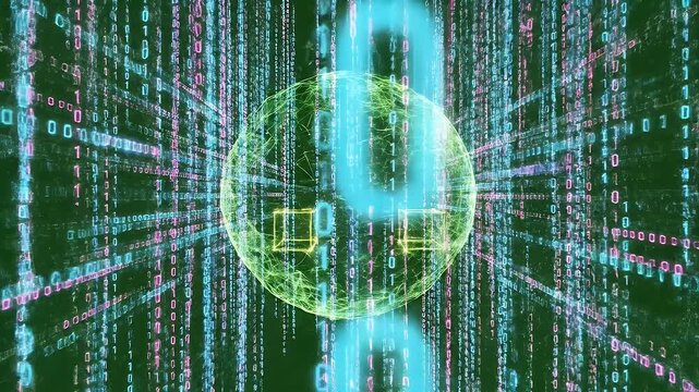 Digital cyberspace with glowing binary code and luminous abstract structures