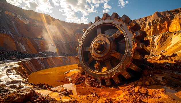 Massive Rusty Industrial Gear Submerged in Toxic Orange Sludge at an Abandoned Open-Pit Mine Under Dramatic Sunlight.