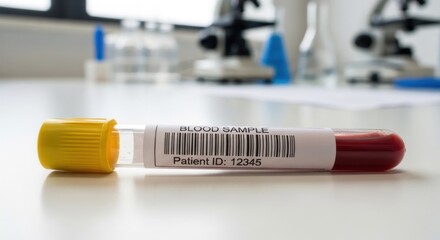 A blood sample vial rests on a lab bench; microscopes are blurred in the background