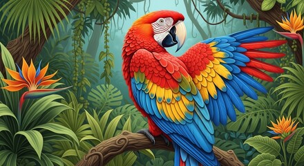 Vibrant Scarlet Macaw Perched in Lush Jungle, Bird of Paradise Flowers, Detailed Illustration
